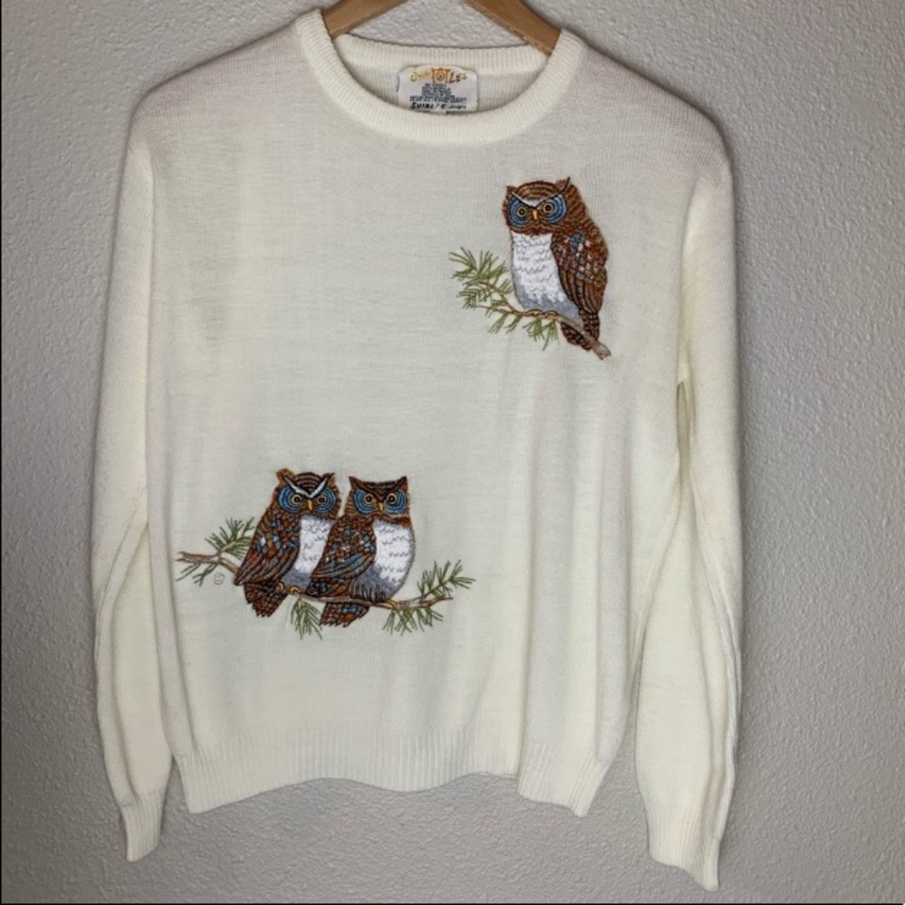 Vintage Shirlee Embroidered Owl spring Sweater tree leaves white brown green